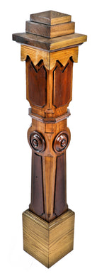 visually striking fully restored 19th century antique american interior residential varnished oak and walnut wood staircase newel post with rondels and chamfered edges