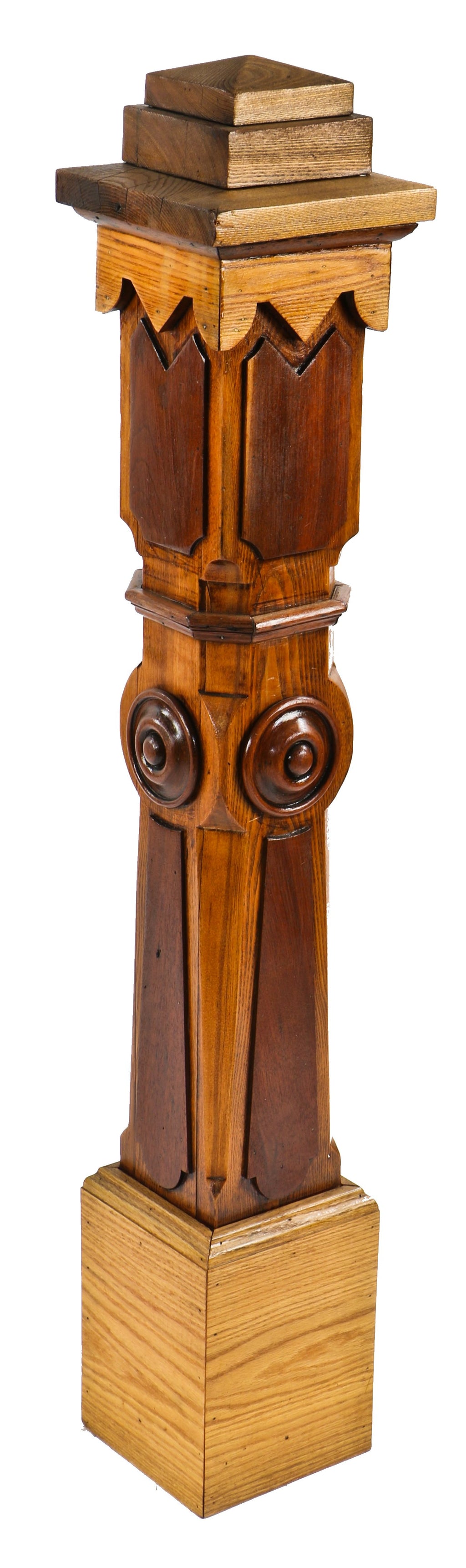 19th century original and intact varnished oak and walnut wood antique american chicago interior residential freestanding staircase newel post with pyramidal finial or cap