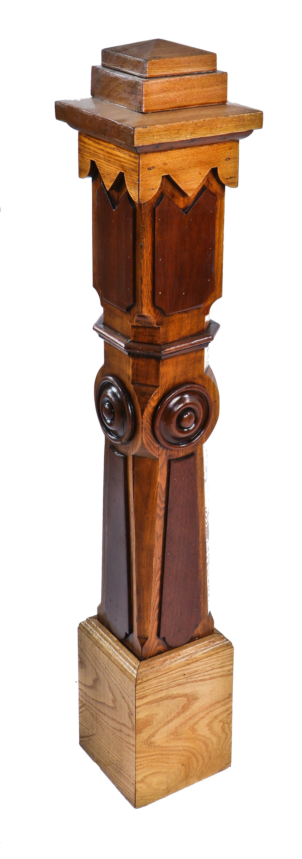 fully restored all original and intact solid white oak and black walnut wood box-shaped ornamental interior pre-fire chicago residential newel post with pyramidal-shaped finial