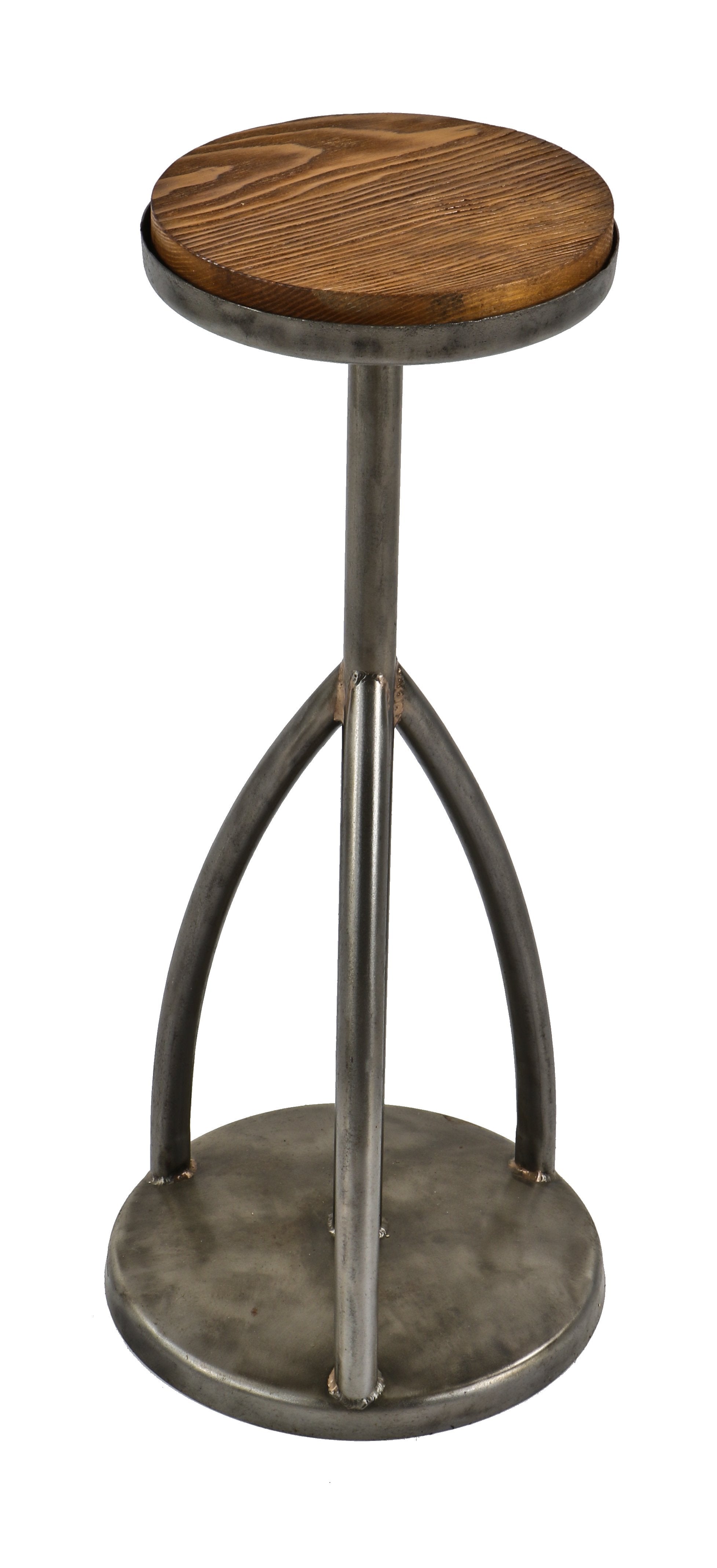 lightweight single american vintage industrial scrapyard folk art all-welded joint bent tubular steel three-legged display stand with newly added pine wood top