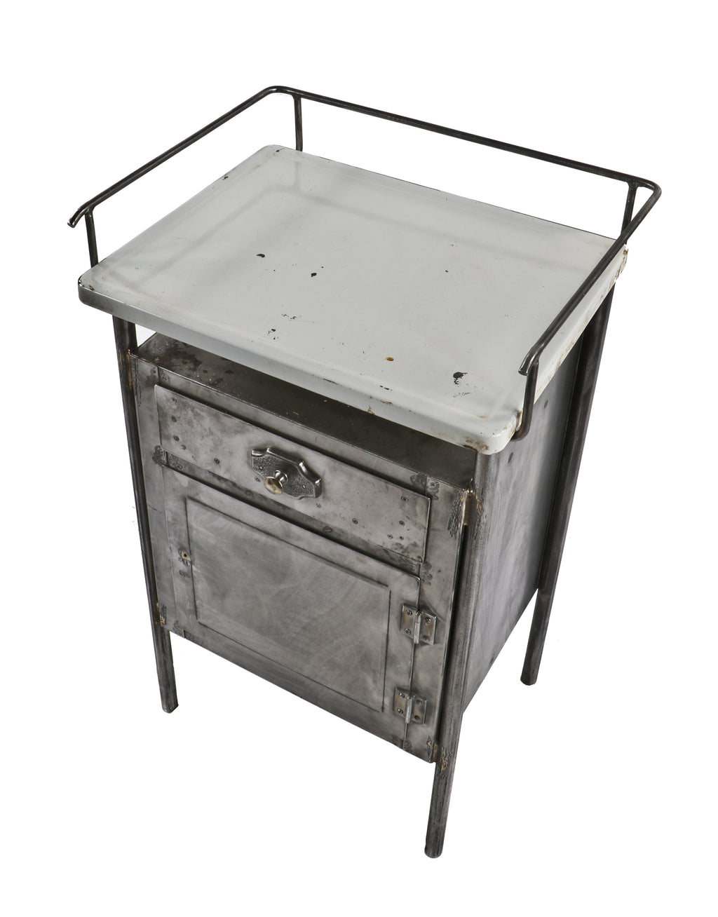 completely refinished early 20th century antique american stationary pressed and folded steel hospital operating room side table or cabinet with "sani" white porcelain enameled tabletop