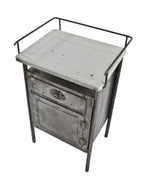 completely refinished early 20th century antique american stationary pressed and folded steel hospital operating room side table or cabinet with "sani" white porcelain enameled tabletop
