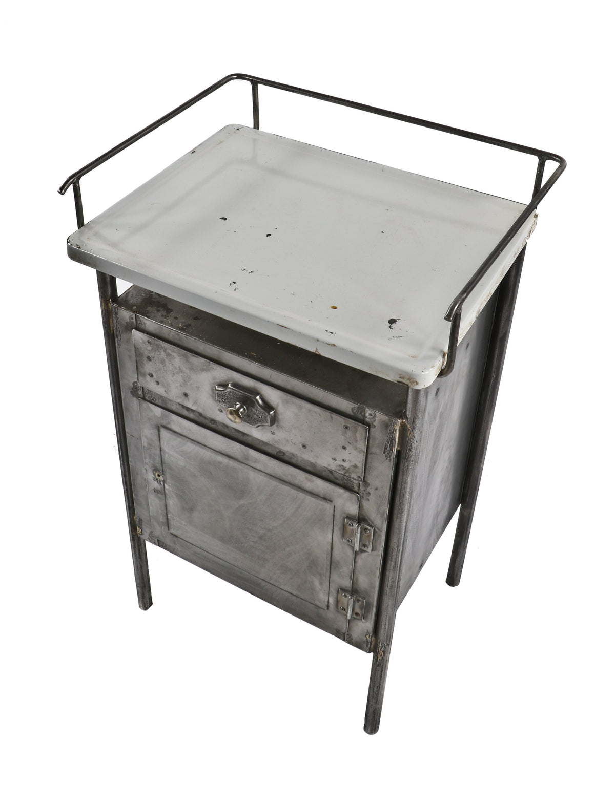 completely refinished early 20th century antique american stationary pressed and folded steel hospital operating room side table or cabinet with "sani" white porcelain enameled tabletop