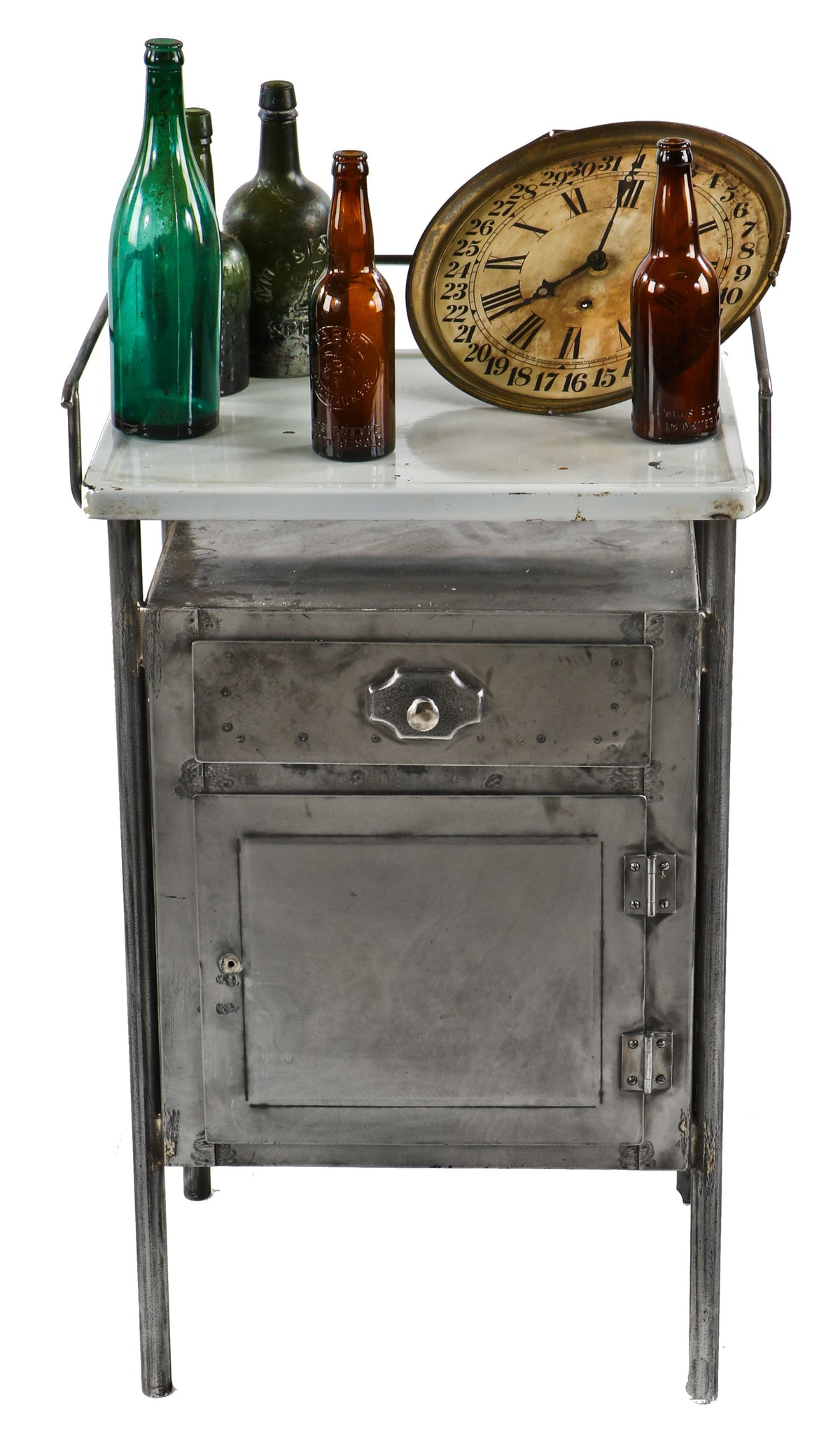 completely refinished early 20th century antique american stationary pressed and folded steel hospital operating room side table or cabinet with "sani" white porcelain enameled tabletop