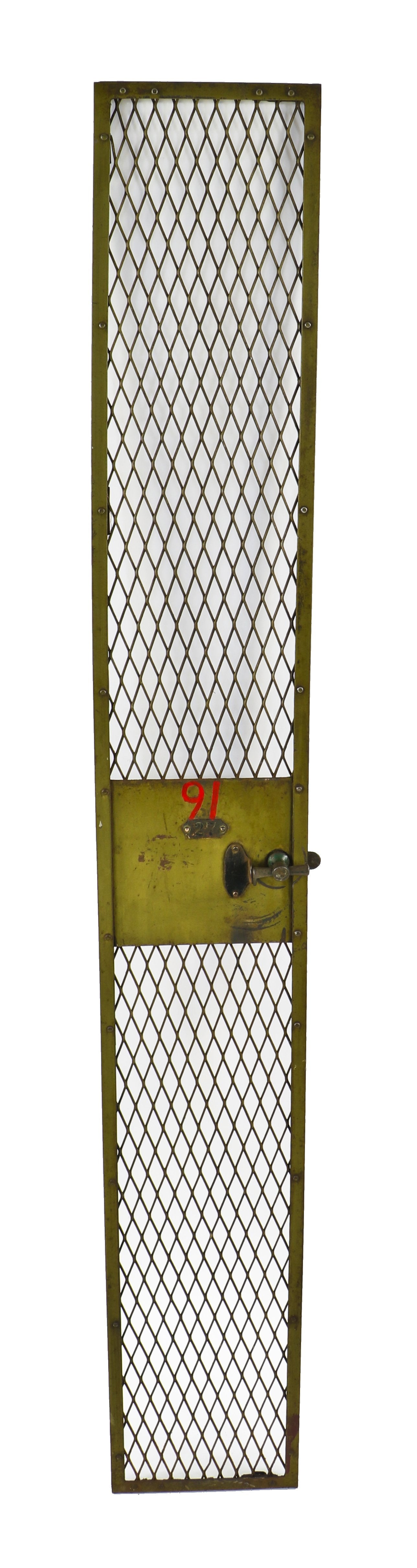 original early 20th century antique american locomotive factory industrial green painted "federal" expanded steel mesh locker door with intact t-handle