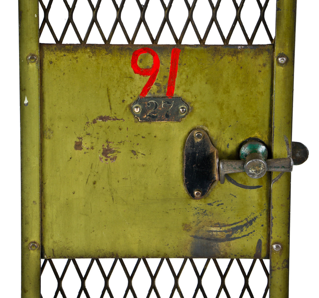 original early 20th century antique american locomotive factory industrial green painted "federal" expanded steel mesh locker door with intact t-handle