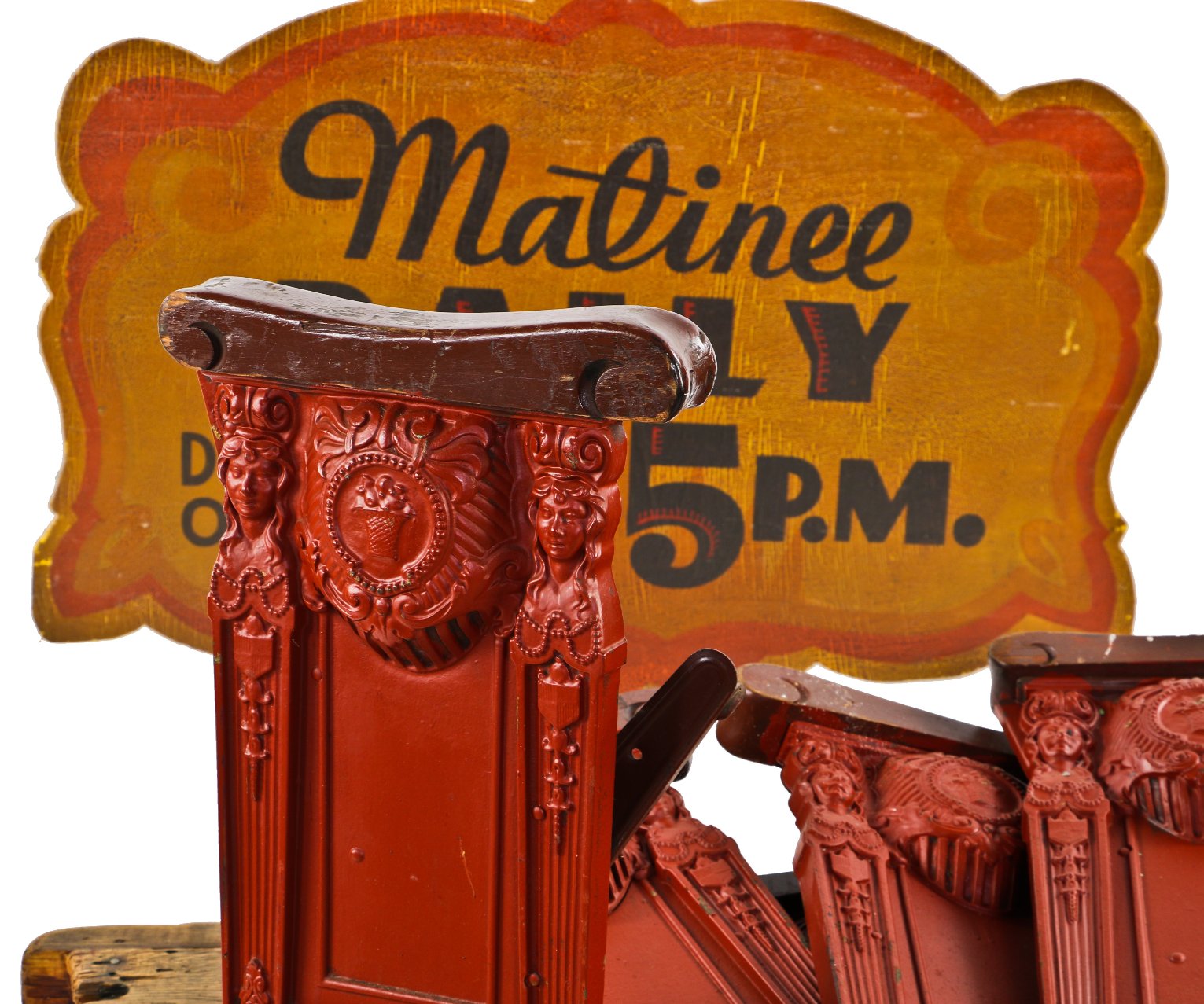 one of several matching original and intact brushed metal cast iron gethsemane missionary baptist church building figural theater seat ends with hardwood armrests