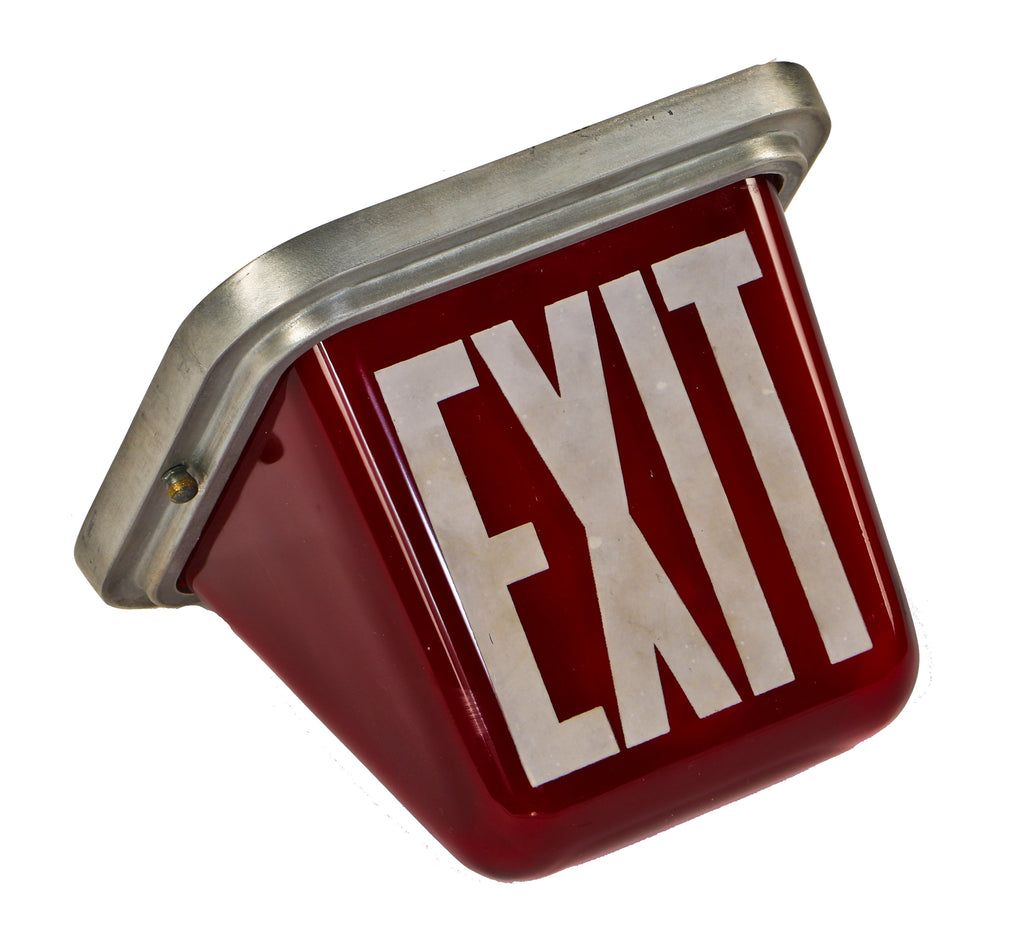 original and completely intact depression era american ruby red glass double-sided interior ceiling mount wedge-shaped kopp chicago public school illuminated exit light fixture