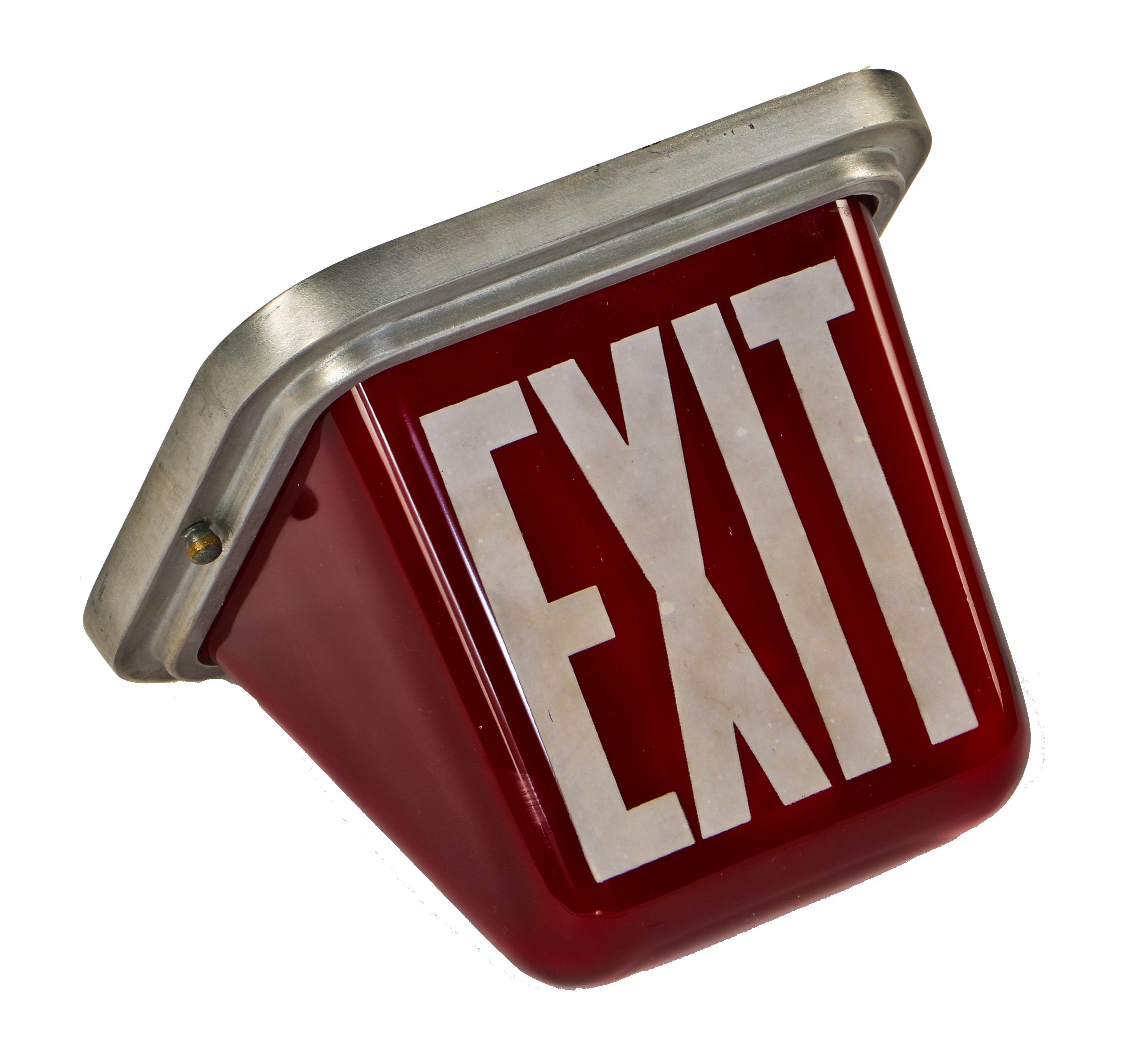 original and completely intact depression era american ruby red glass double-sided interior ceiling mount wedge-shaped kopp chicago public school illuminated exit light fixture