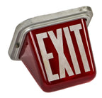 single fully functional double-sided richly colored ruby red glass chicago public school interior illuminated wedge-shaped exit light fixture with spun aluminum stepped fitter