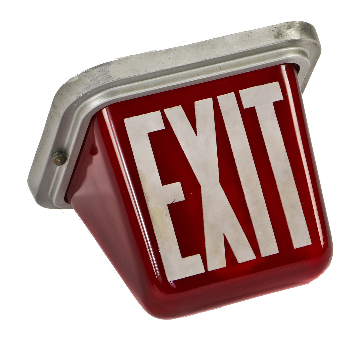 single fully functional double-sided richly colored ruby red glass chicago public school interior illuminated wedge-shaped exit light fixture with spun aluminum stepped fitter