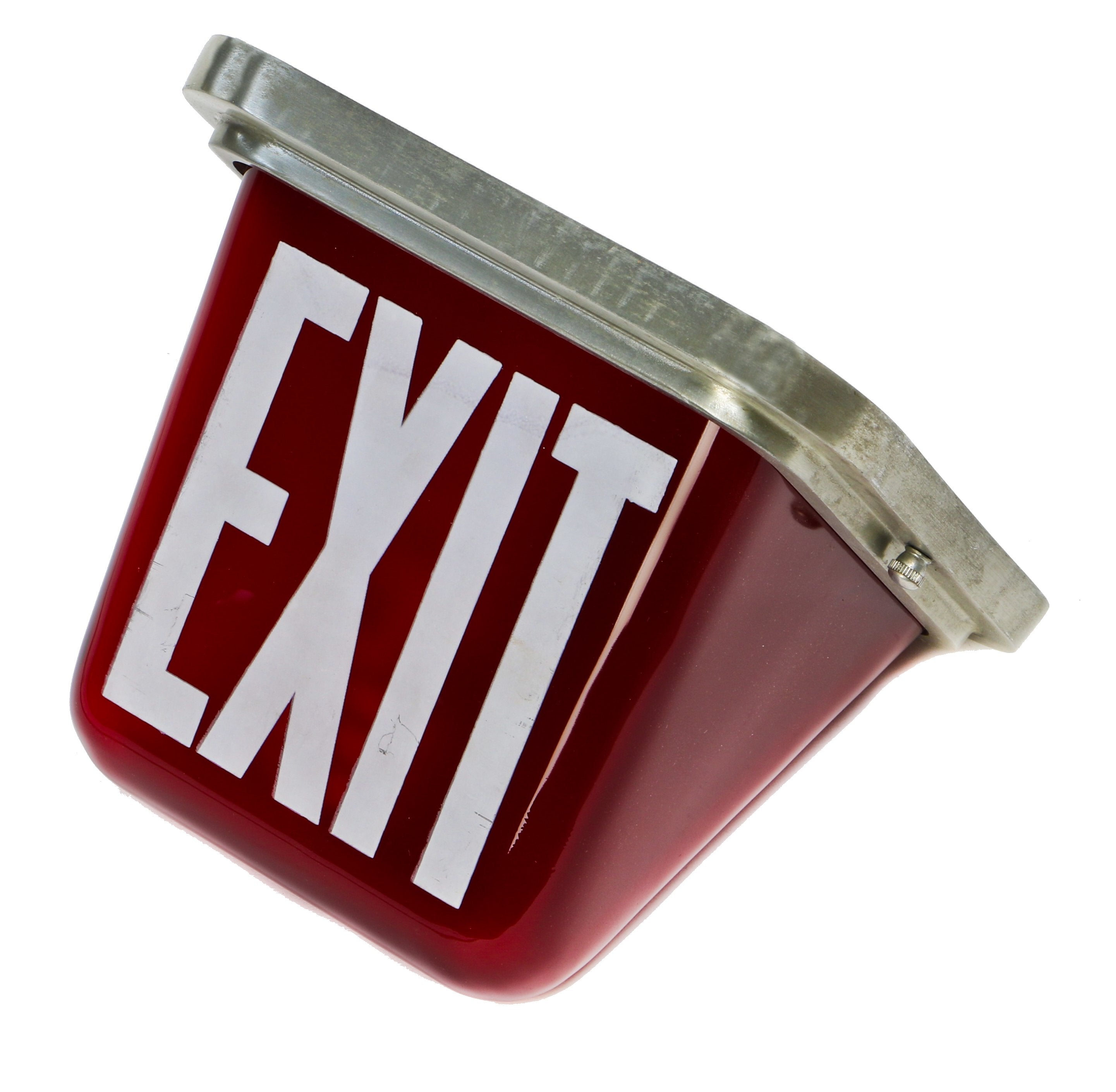 streamlined style double-sided american ruby red glass illuminated single electric ceiling mount exit light fixture with spun aluminum "stepped" shade fitter