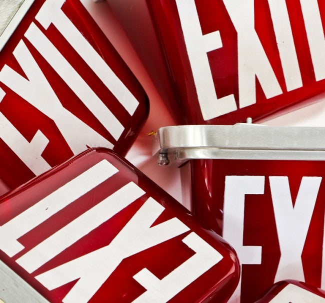 all original double-sided american ruby red glass illuminated single electric ceiling mount exit light fixture with spun aluminum "stepped" shade fitter