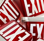 all original double-sided american ruby red glass illuminated single electric ceiling mount exit light fixture with spun aluminum "stepped" shade fitter