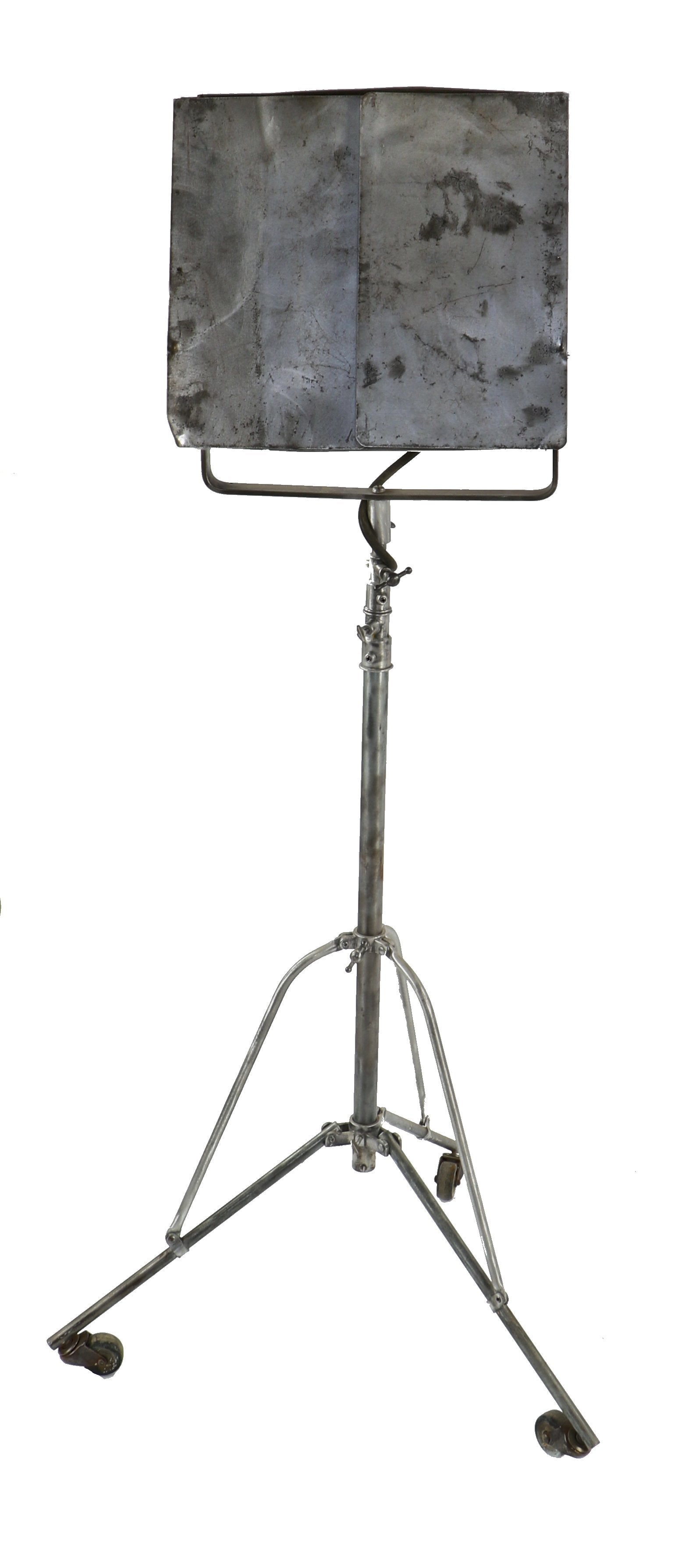 1950's american vintage industrial brushed metal mobile oversized "colortran" portable photography telescoping studio light with ventilated "groverlite" with hinged barn doors