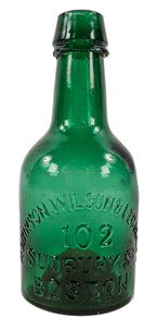 original and intact c. 1860's teal blue green glass robinson, wilson & legalee porter style boston privy dug pontiled bottle with crude single ring applied lip with slop-over