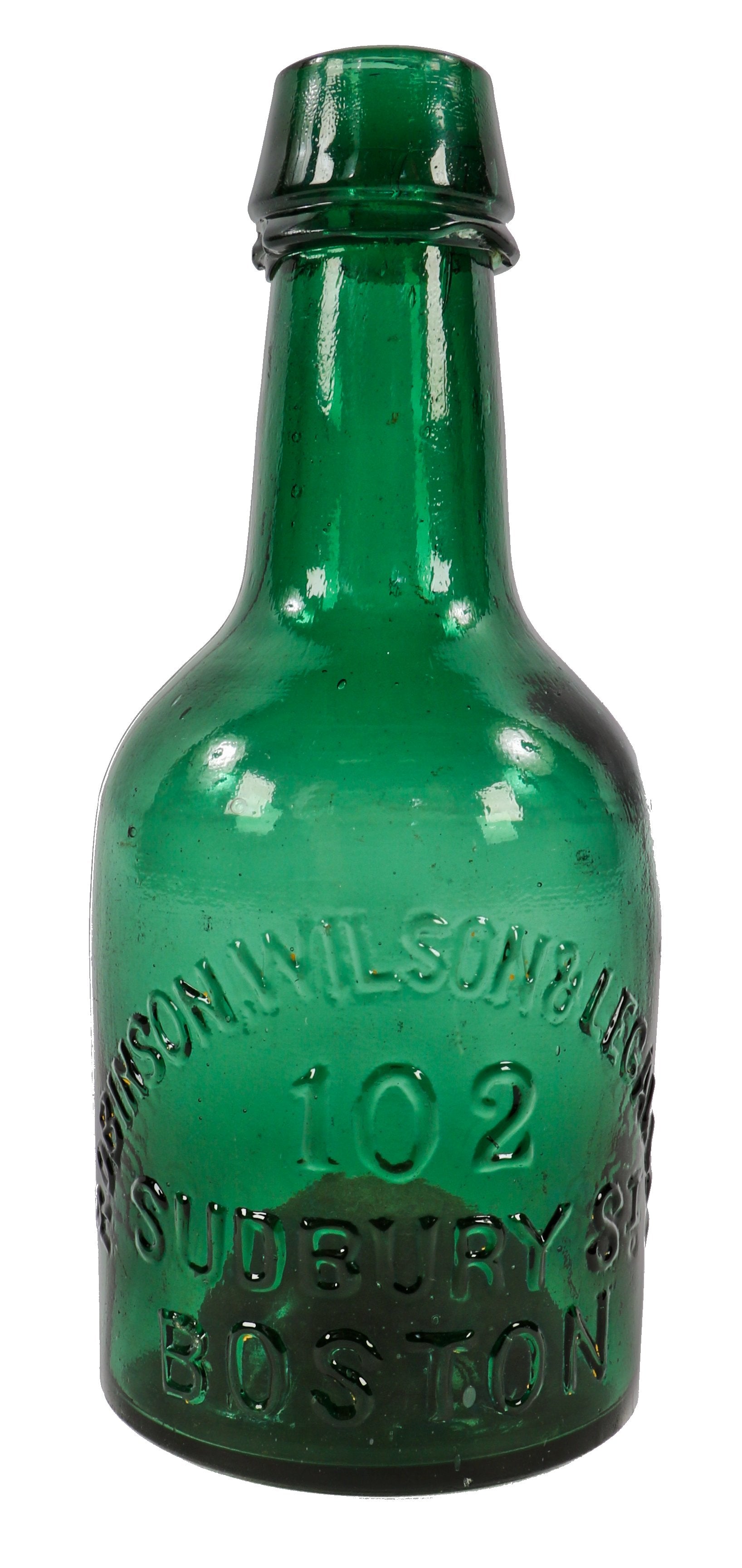 original and intact c. 1860's teal blue green glass robinson, wilson & legalee porter style boston privy dug pontiled bottle with crude single ring applied lip with slop-over