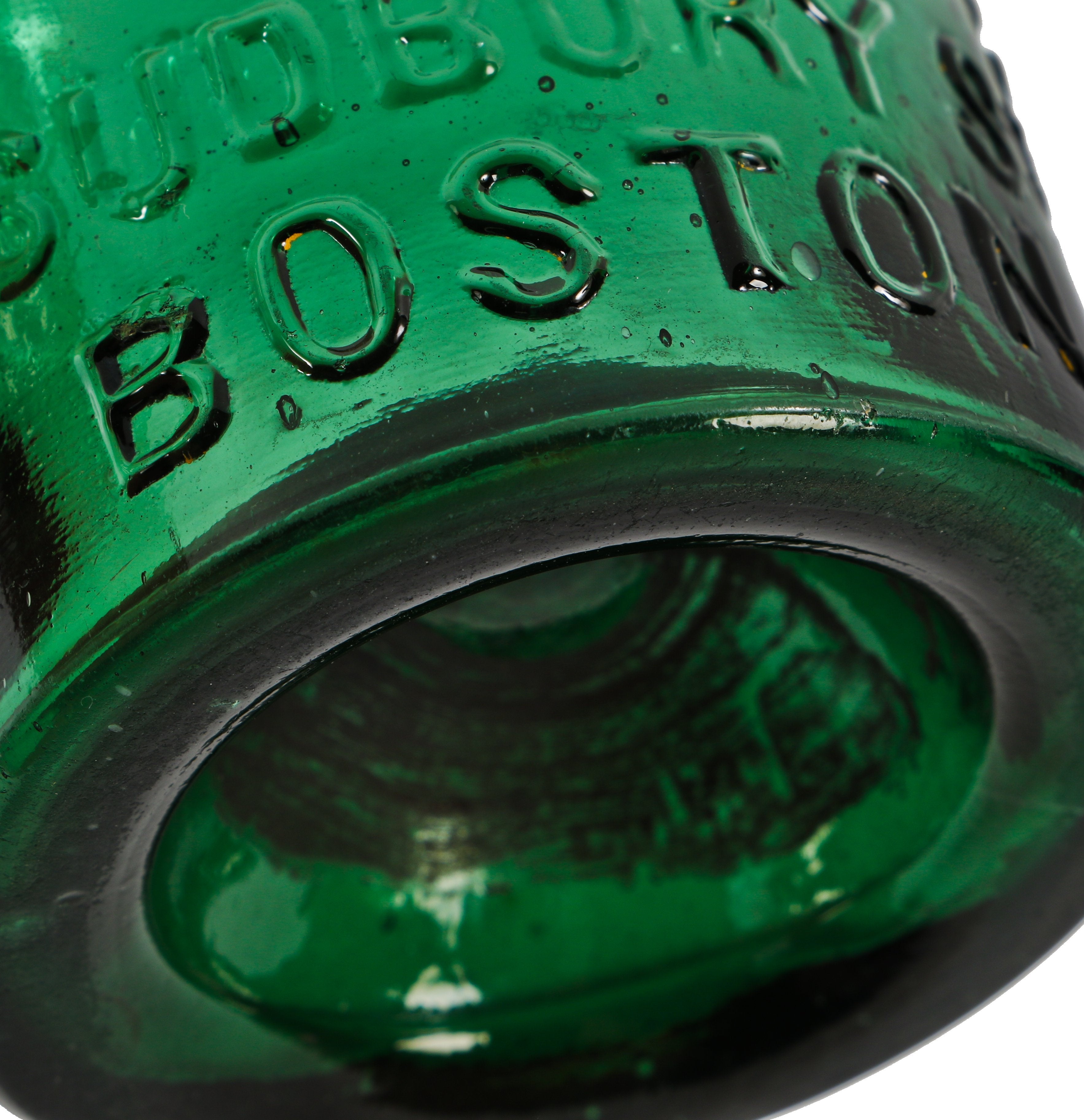 original and intact c. 1860's teal blue green glass robinson, wilson & legalee porter style boston privy dug pontiled bottle with crude single ring applied lip with slop-over