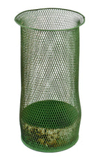 original c. 1930's antique american highly desirable oversized lightweight "slitted and expanded" diamond metal mesh waste basket with stamped metal base and rolled rim