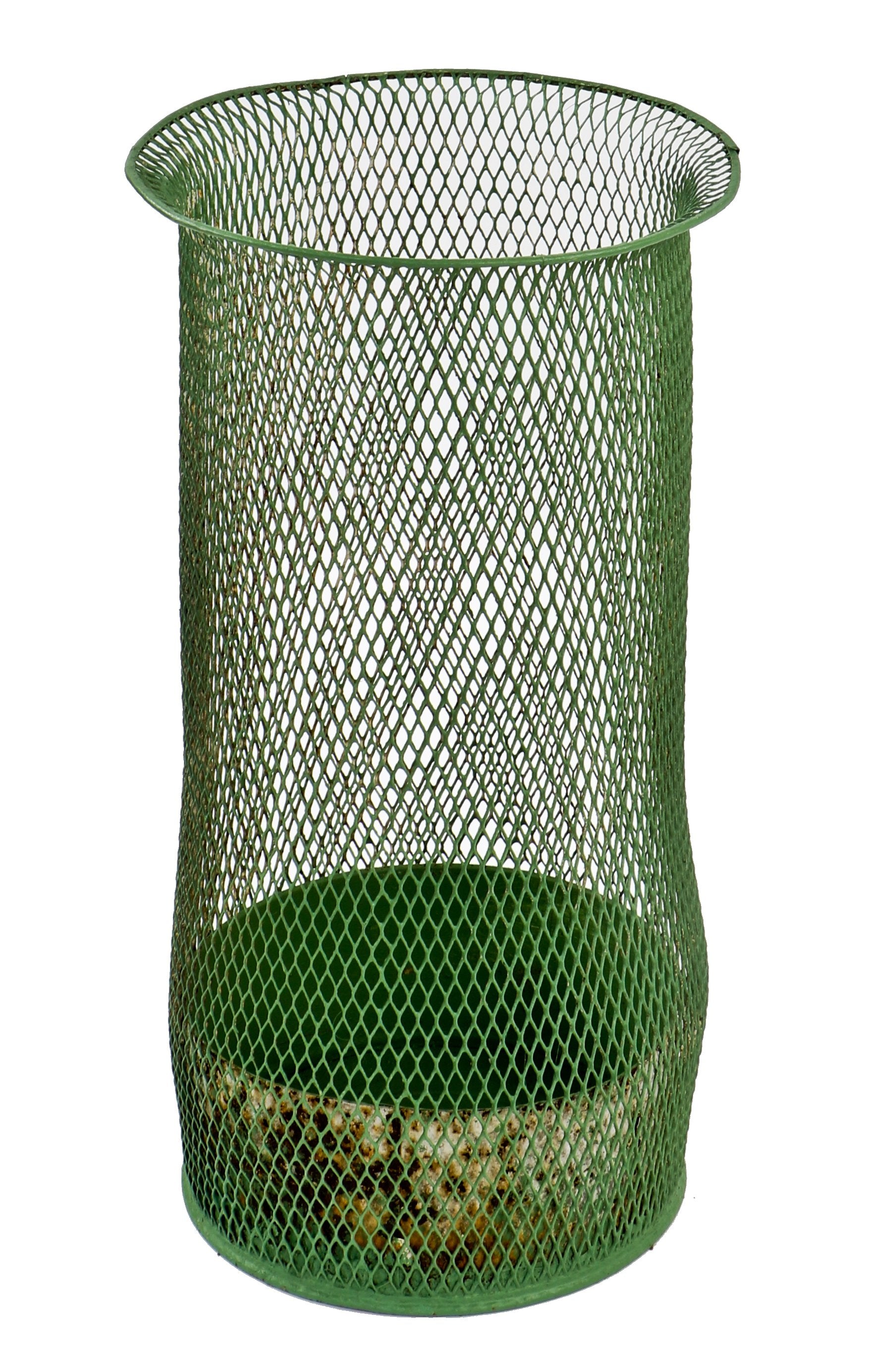original c. 1930's antique american highly desirable oversized lightweight "slitted and expanded" diamond metal mesh waste basket with stamped metal base and rolled rim