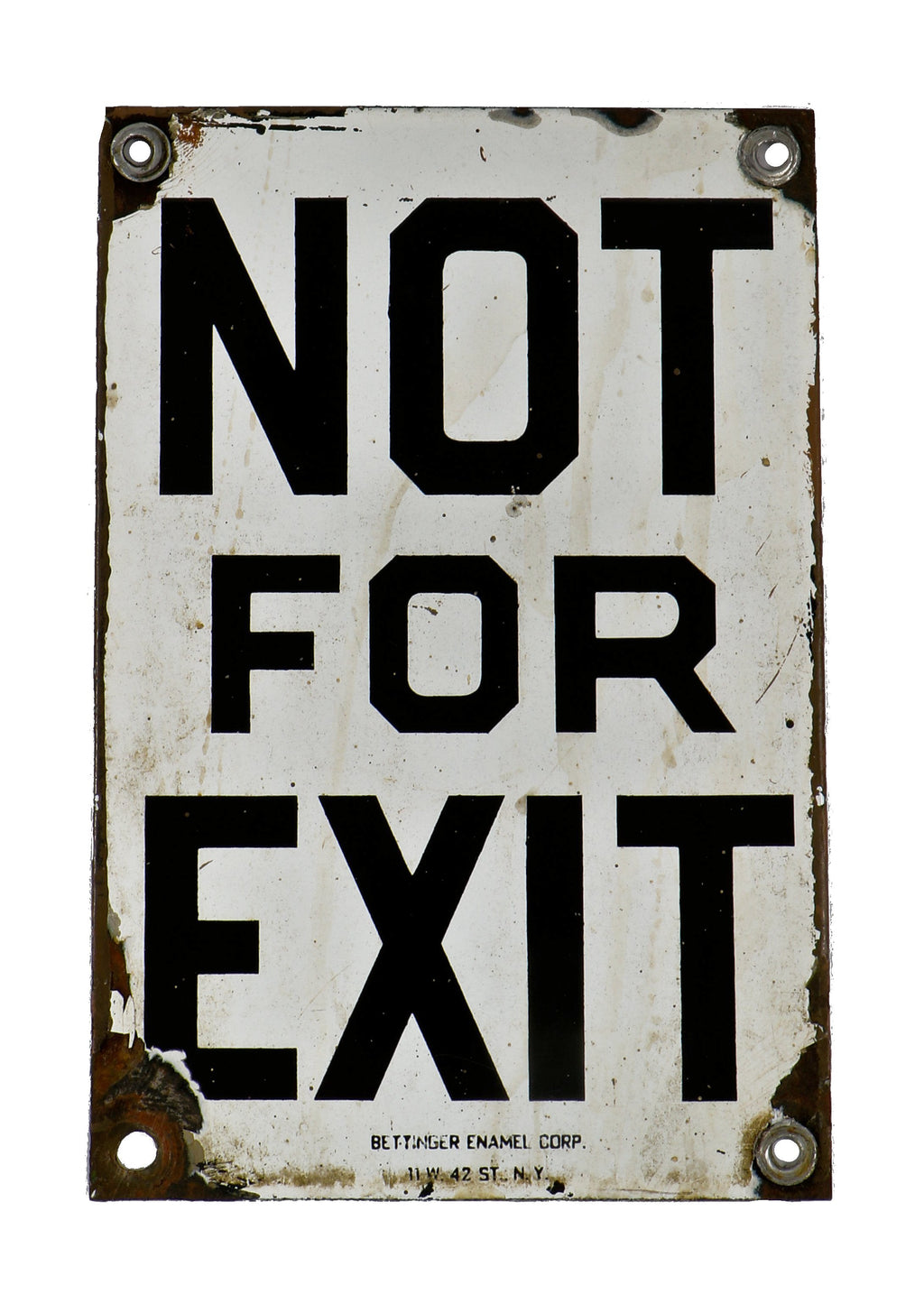 original c. 1930's highly sought after single-sided diminutive vitreous or porcelain enameled "not for exit" new york city subway station sign with bold black lettering
