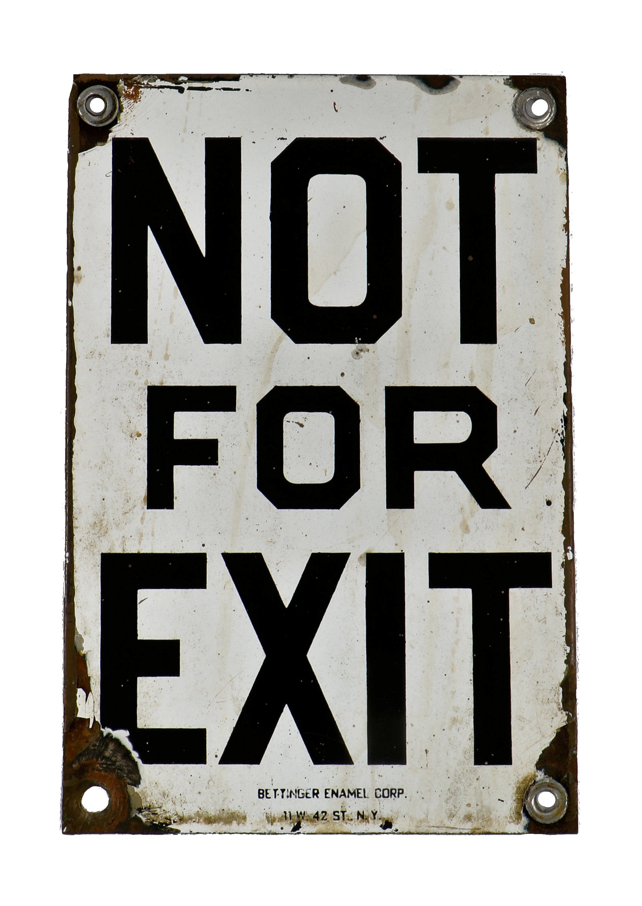 original c. 1930's highly sought after single-sided diminutive vitreous or porcelain enameled "not for exit" new york city subway station sign with bold black lettering