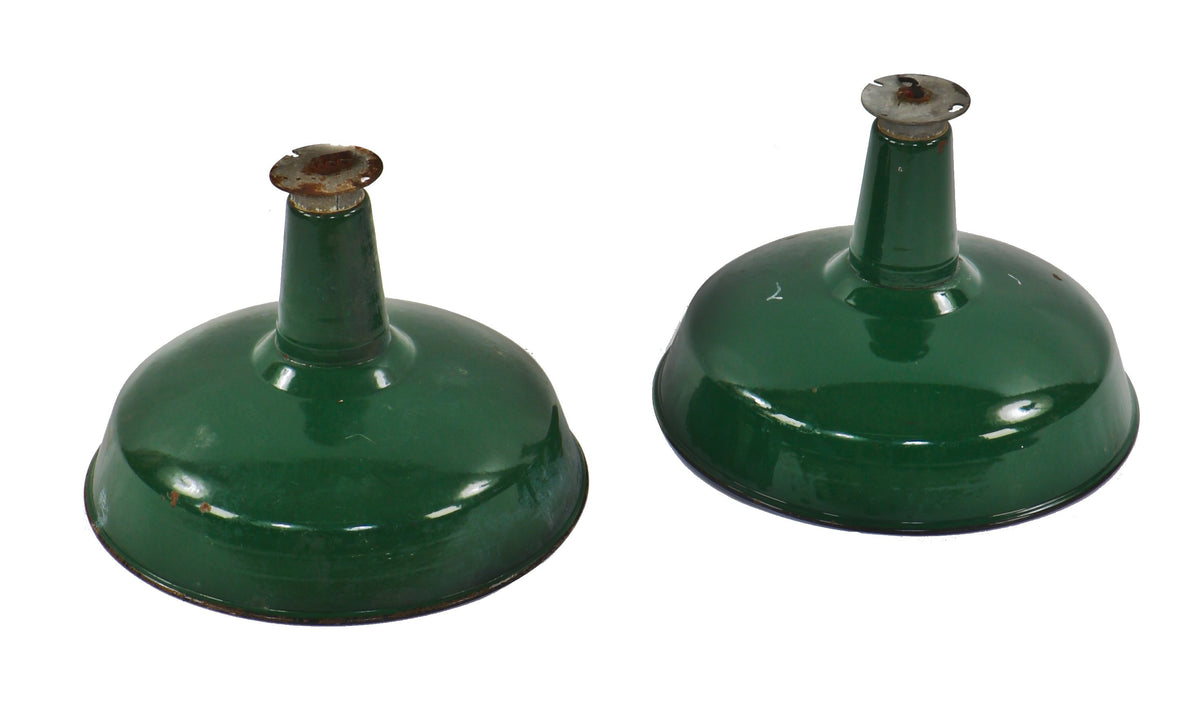 matching pair of original c. 1930's american depression era robust green porcelain enameled cold-rolled steel reflectors or shade with intact sockets and ceiling caps