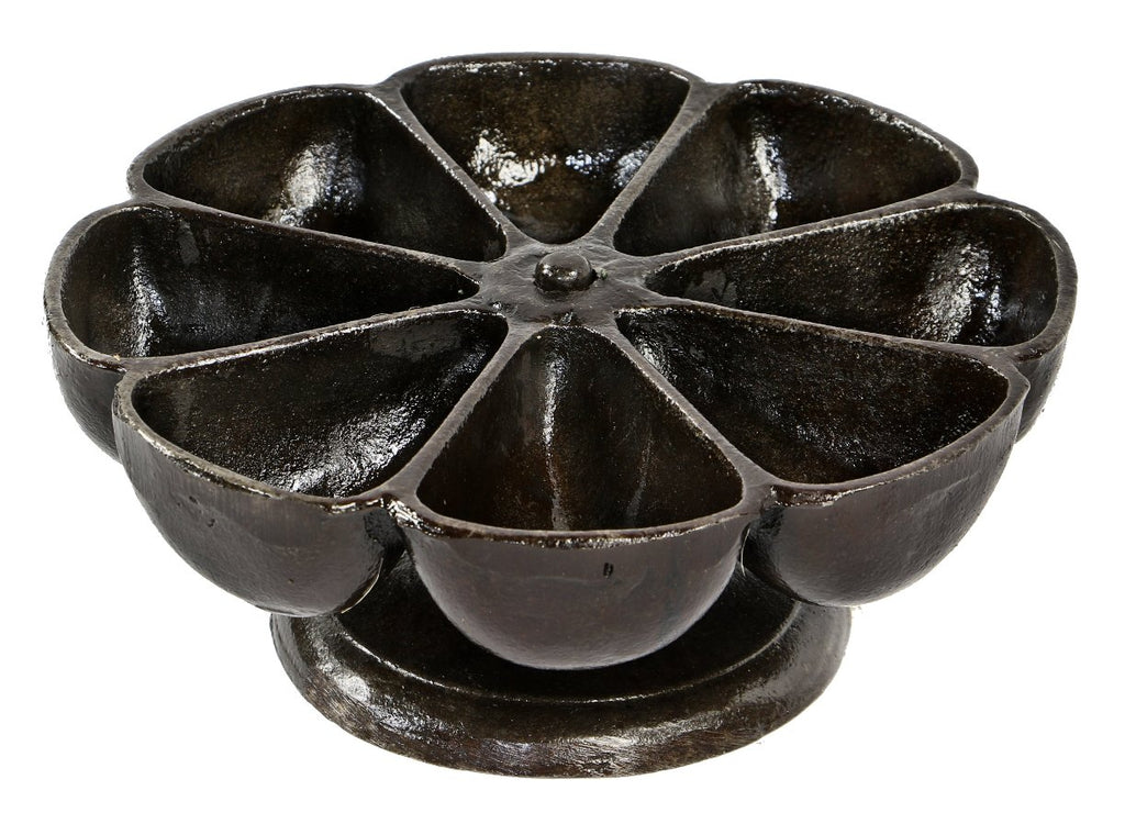 original antique american industrial revolving cast iron two-part shoemaker's workbench segmented stationary nail cup with a mostly uniform bare metal finish