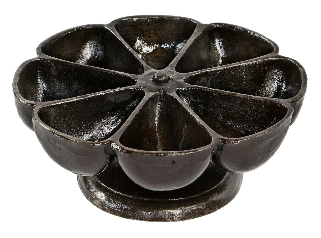 original antique american industrial revolving cast iron two-part shoemaker's workbench segmented stationary nail cup with a mostly uniform bare metal finish