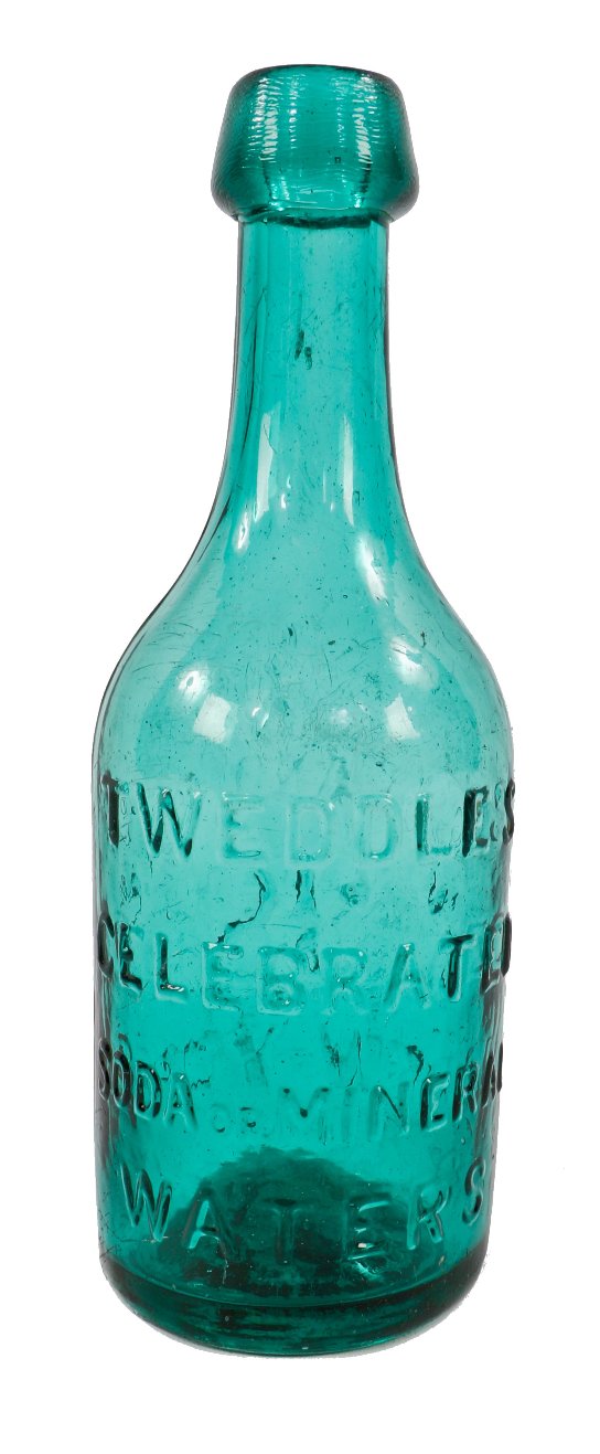 exceptional mid-1840's antique american vibrant blue-green "attic" iron-pontiled soda bottle with tapered blobtop manufactured for new york bottler john tweddle jr.