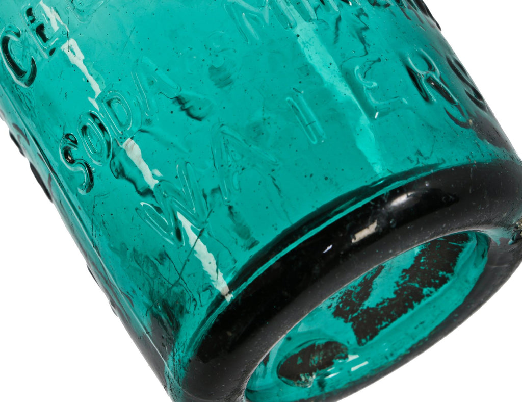 exceptional mid-1840's antique american vibrant blue-green "attic" iron-pontiled soda bottle with tapered blobtop manufactured for new york bottler john tweddle jr.