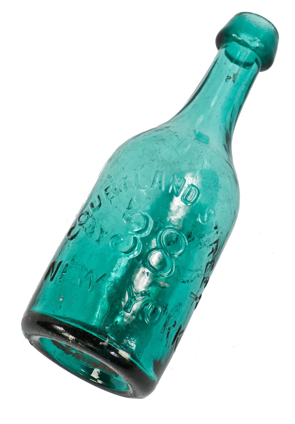 exceptional mid-1840's antique american vibrant blue-green "attic" iron-pontiled soda bottle with tapered blobtop manufactured for new york bottler john tweddle jr.