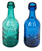 exceptional mid-1840's antique american vibrant blue-green "attic" iron-pontiled soda bottle with tapered blobtop manufactured for new york bottler john tweddle jr.