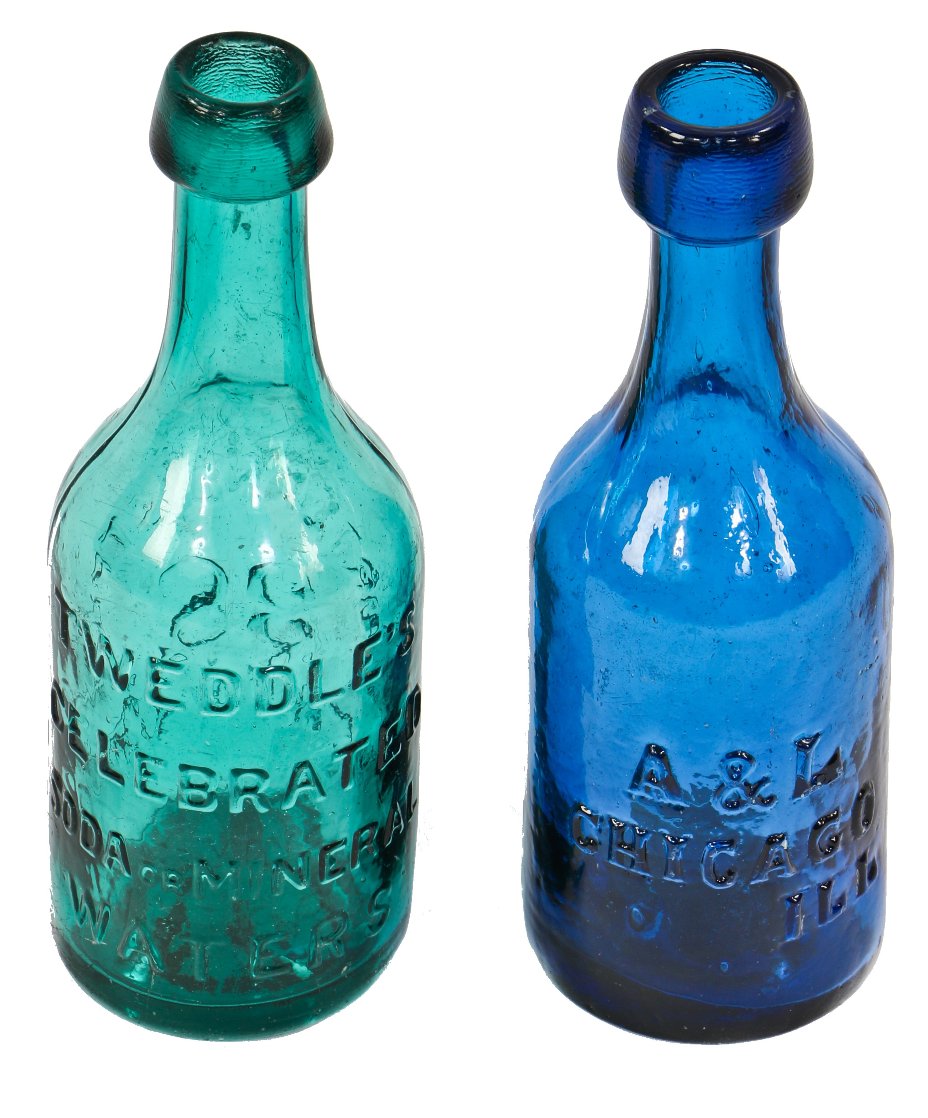 exceptional mid-1840's antique american vibrant blue-green "attic" iron-pontiled soda bottle with tapered blobtop manufactured for new york bottler john tweddle jr.