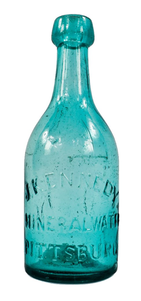 original and intact early 1850's iron-pontiled applied tapered lip antique mineral or soda water bottle manufactured for joseph kennedy in pittsburgh, pennsylvania