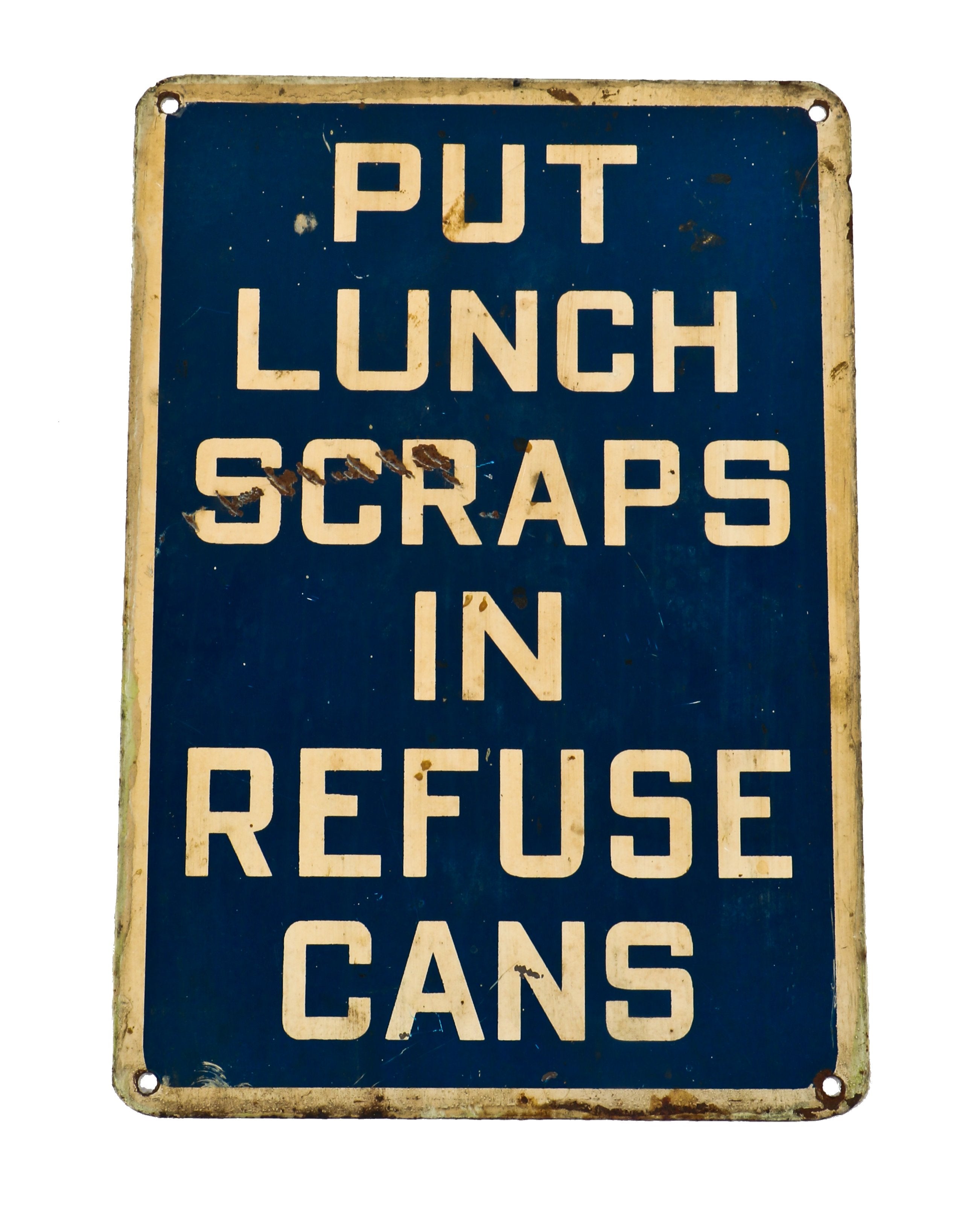 original single-sided c. 1940's american die cut steel cobalt blue and white baked-on enameled factory lunchroom "scraps in refuse cans" notification sign