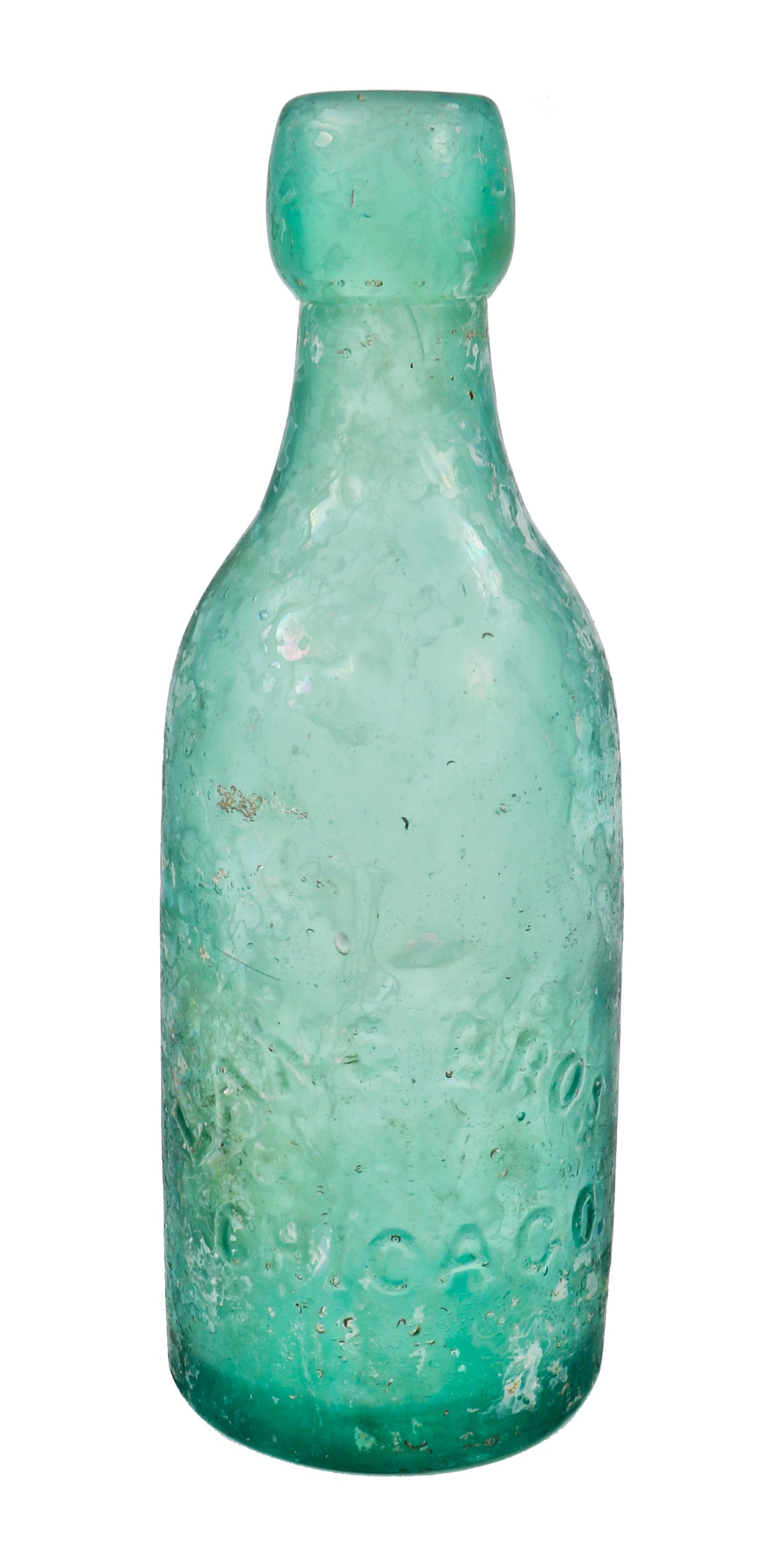 rare and intact privy dug light green teal pony style soda bottle with applied blob top manufactured for chicago bottlers august, william, and frederick lang.