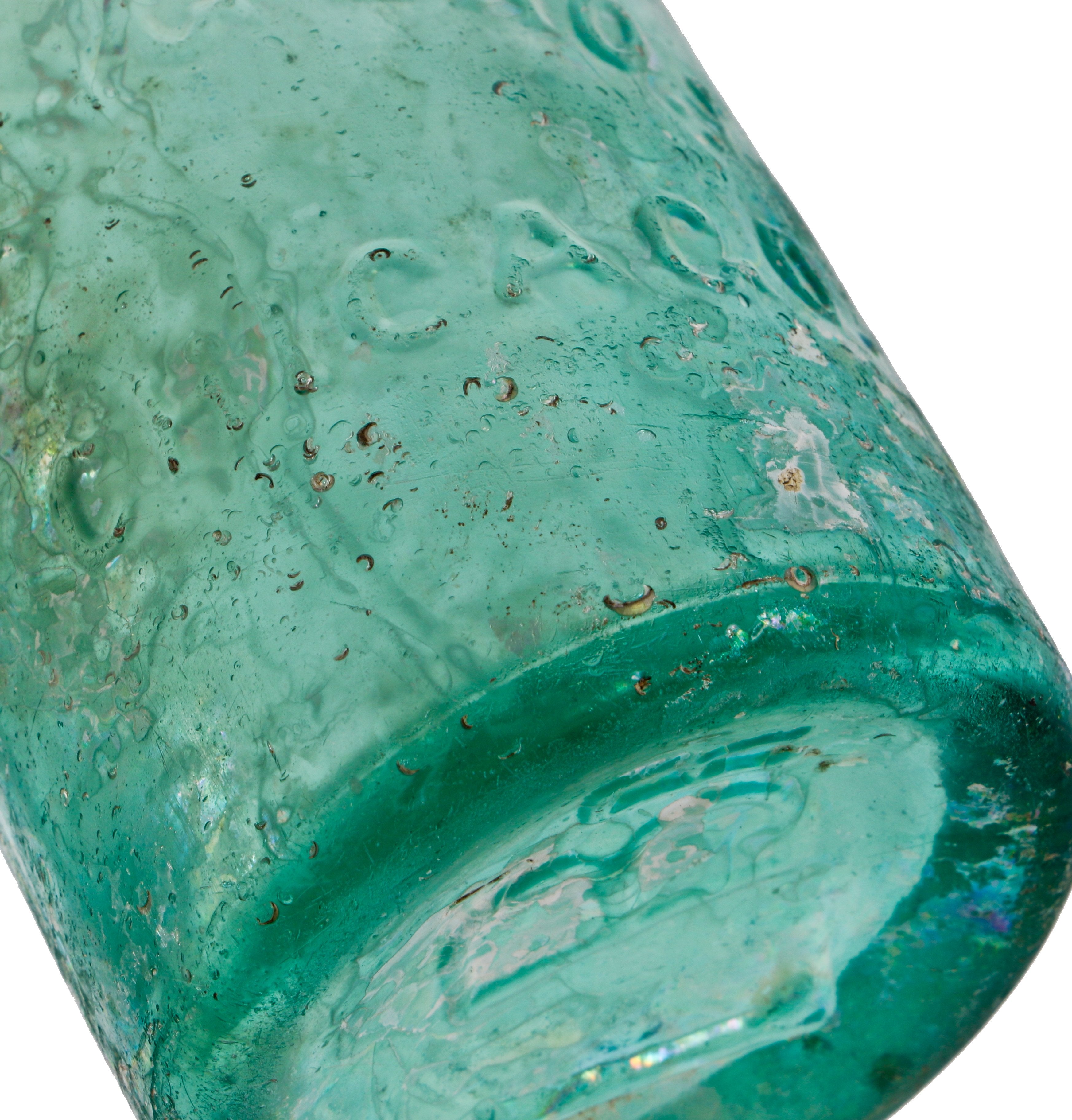 rare and intact privy dug light green teal pony style soda bottle with applied blob top manufactured for chicago bottlers august, william, and frederick lang.