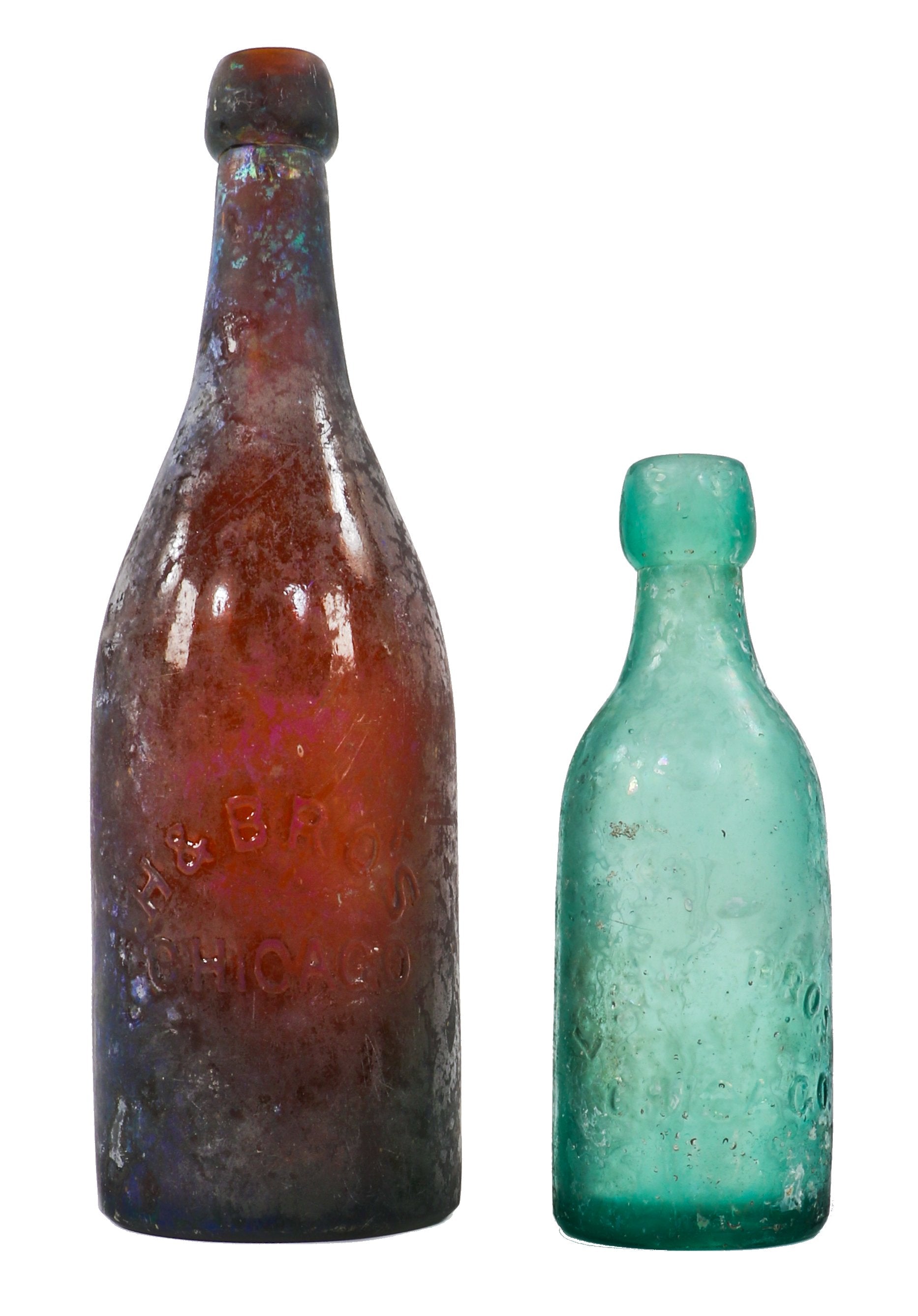 rare and intact privy dug light green teal pony style soda bottle with applied blob top manufactured for chicago bottlers august, william, and frederick lang.