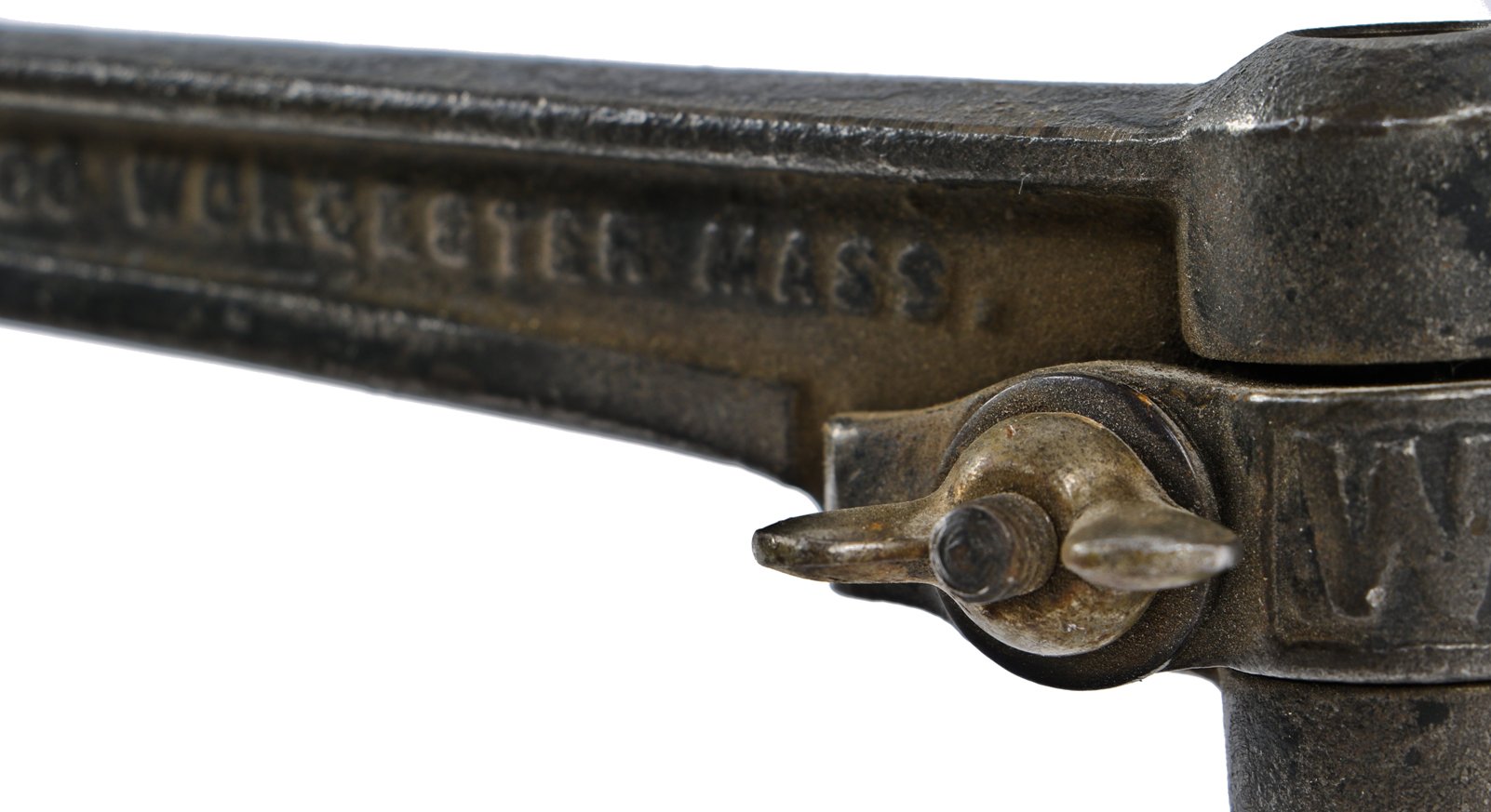 all original late 19th or early 20th century antique american industrial robust o.c. white cast iron "style d" task lamp bracket with tapered cast iron base