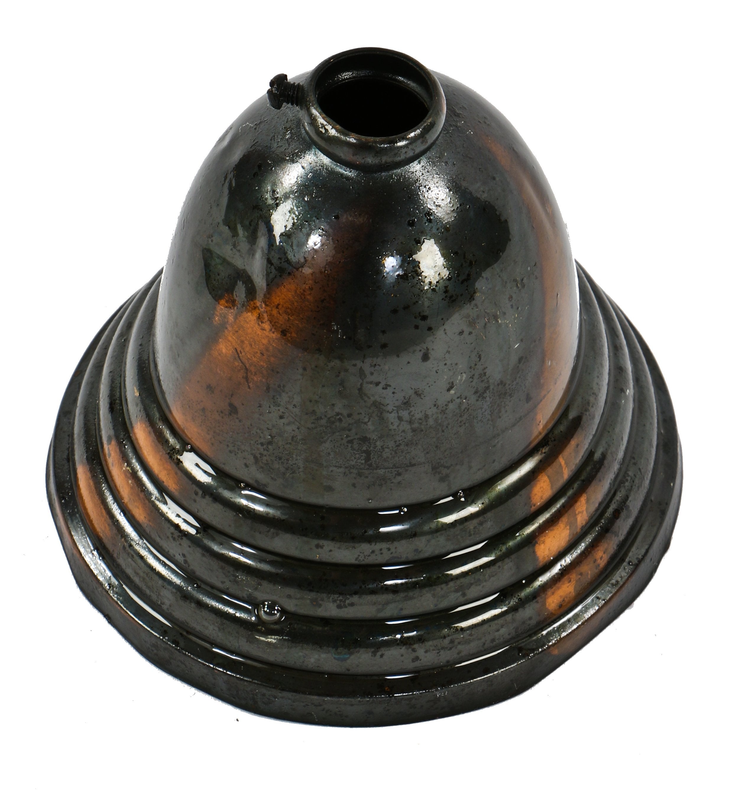 highly desirable original late 19th century antique american oxidized copper-plated spun yellow brass ceiling fixture dome-shaped ceiling canopy with tapered rings