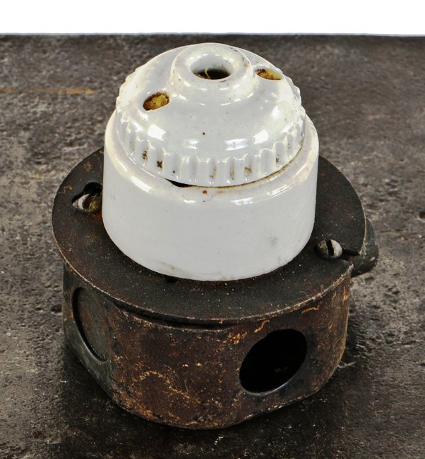 one of two original and completely intact flush mount two-piece concealed or enclosed white ceramic bryant pendant light fixture canopies or "rosettes"