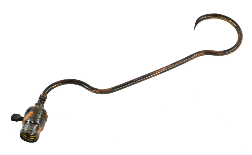 single hard to find early 20th century oxidized copper finish bent tubular brass metal faries bracket arm with the original general electric shell socket