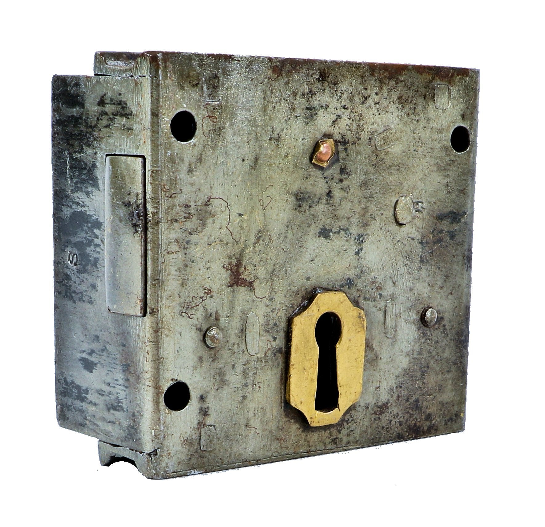 refinished 19th century antique american industrial riveted wrought iron residential or commercial building door rim or surface lock with integrated brass keyplate