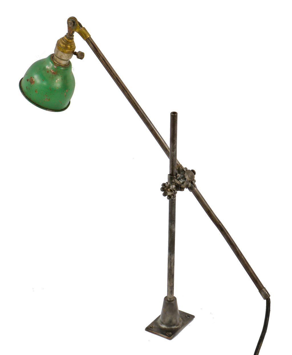 oricinal c. 1920's antique american industrial fully adjustable o.c. white knuckle jointed tubular steel table, wall or ceiling fixture with diminutive green deep bowl reflector