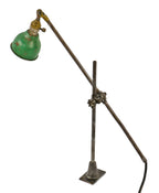 oricinal c. 1920's antique american industrial fully adjustable o.c. white knuckle jointed tubular steel table, wall or ceiling fixture with diminutive green deep bowl reflector