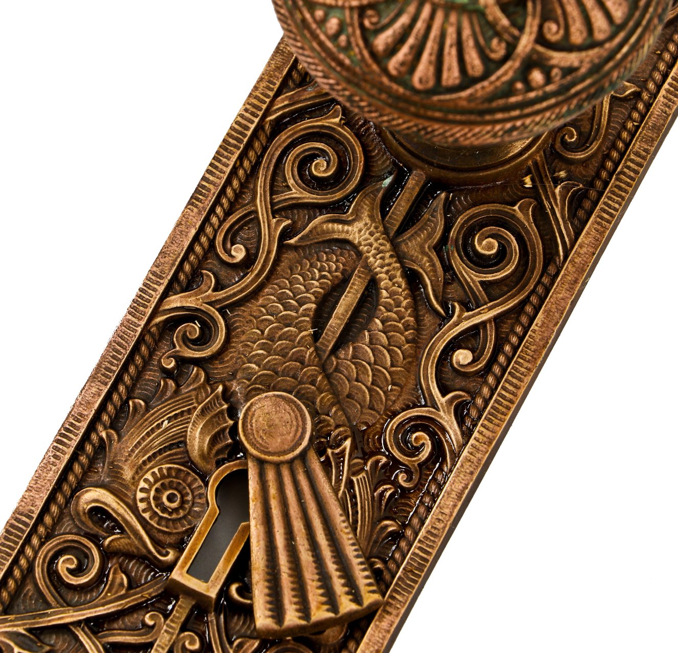 very rare and visually striking antique american venetian building interior ornamental cast bronze passage door hardware with intact swinging keyhole cover