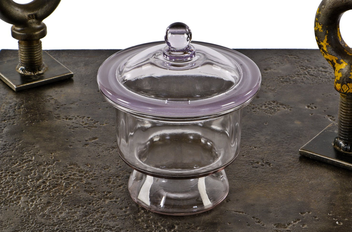 single antique american medical depression era heavy duty clear glass laboratory desiccator manufactured by coors labware  salvaged from cook county hospital.