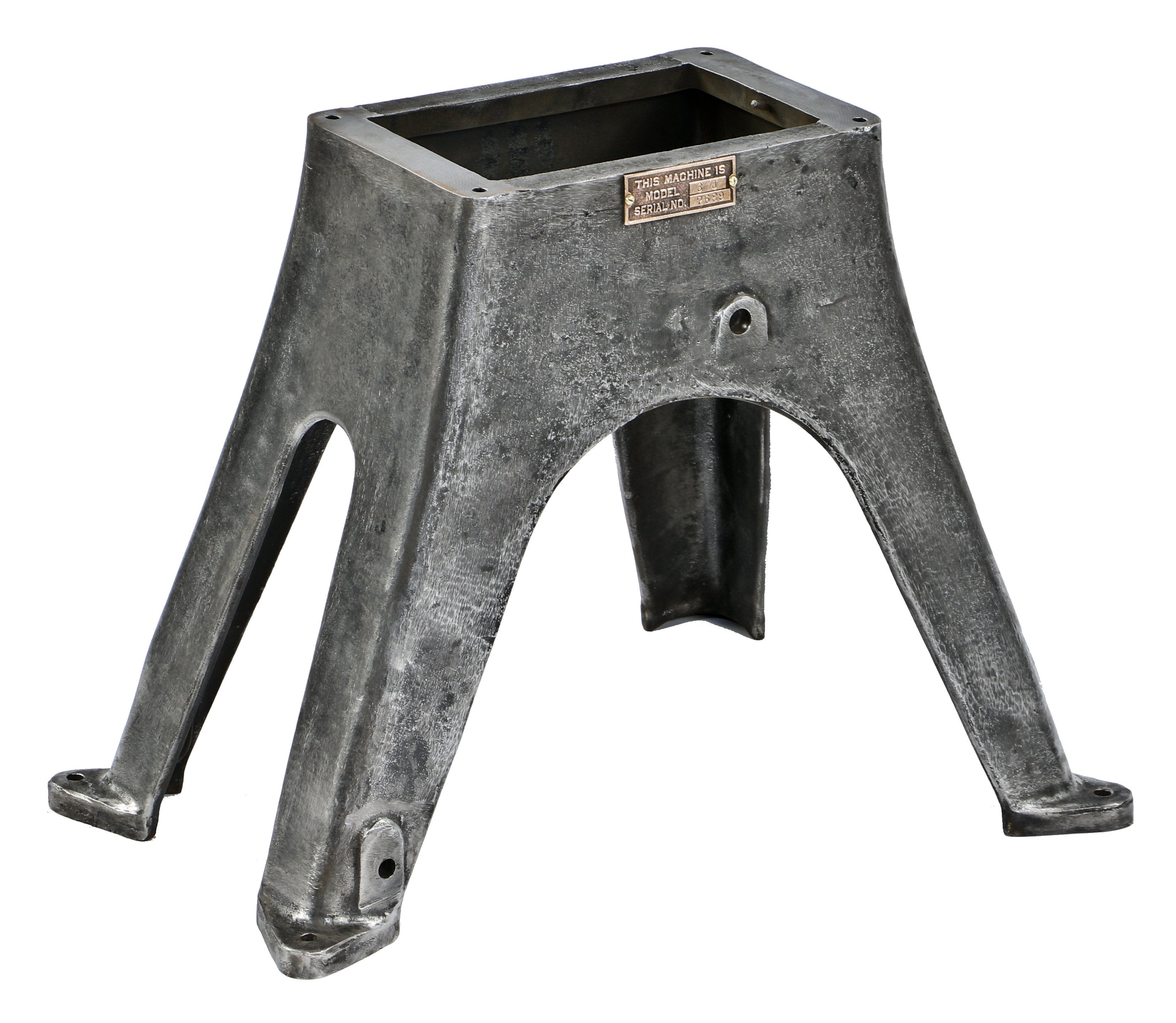 refinished original c. 1910 antique american industrial brushed cast iron low-lying four-legged automatic feed press machine base with original bronze model identification plaque