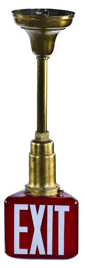 hard to find all original three-sided american industrial ruby red glass early 1930's oversized triangular-shaped illuminated exit light with baked white enameled lettering